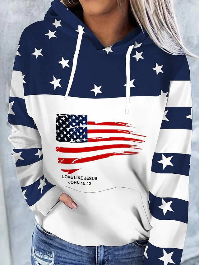 Women's Hoodie Sweatshirt Pullover Active Streetwear Print White American US Flag Stars Casual Hooded