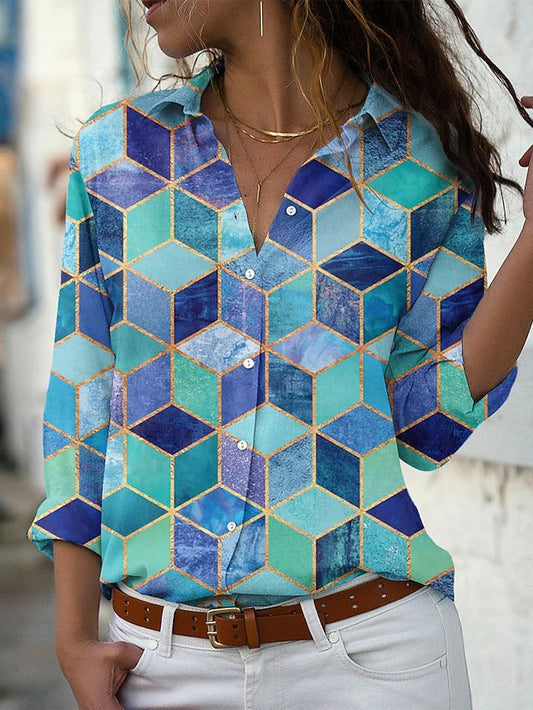 Women's Blouse Plaid Color Block Geometric Holiday Long Sleeve Button Print Shirt