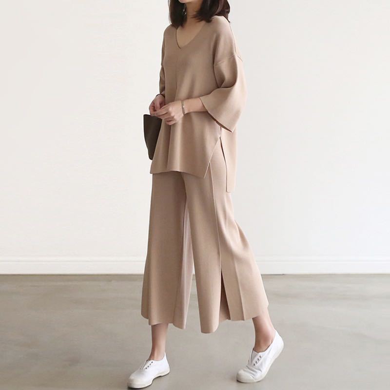 Solid V-Neck Long Sleeve Two Piece Set