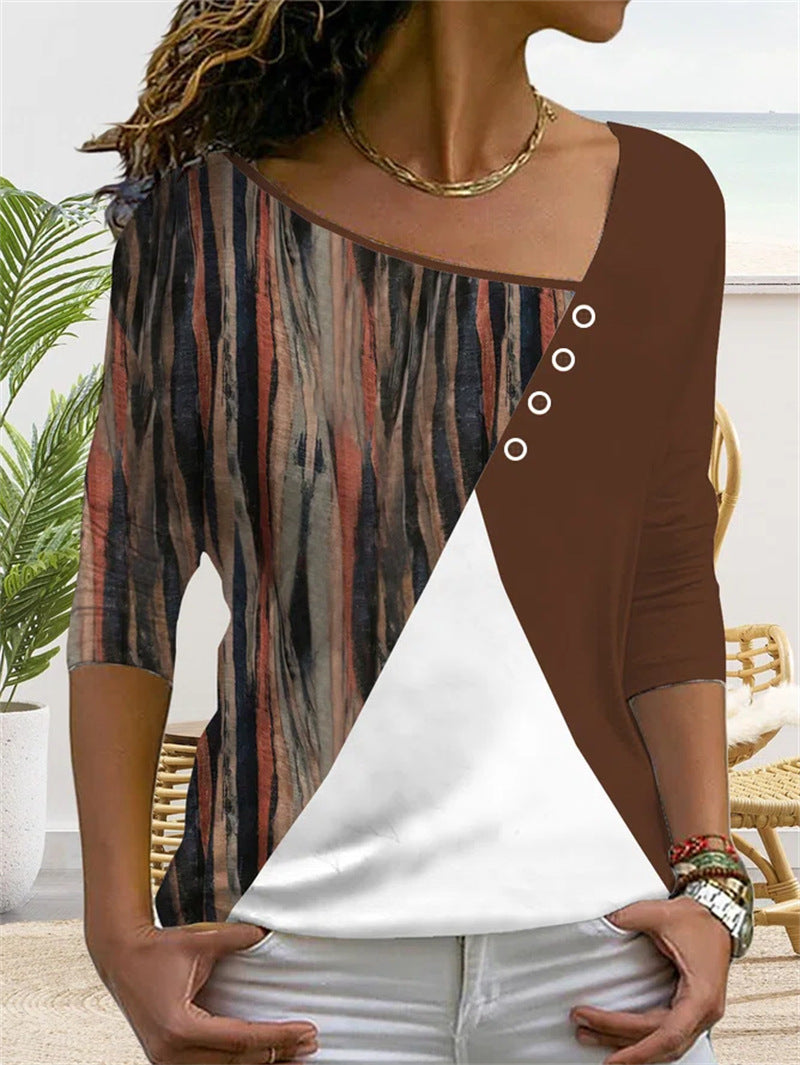 Ladies Patchwork Striped Print V-Neck Casual Long Sleeve Top