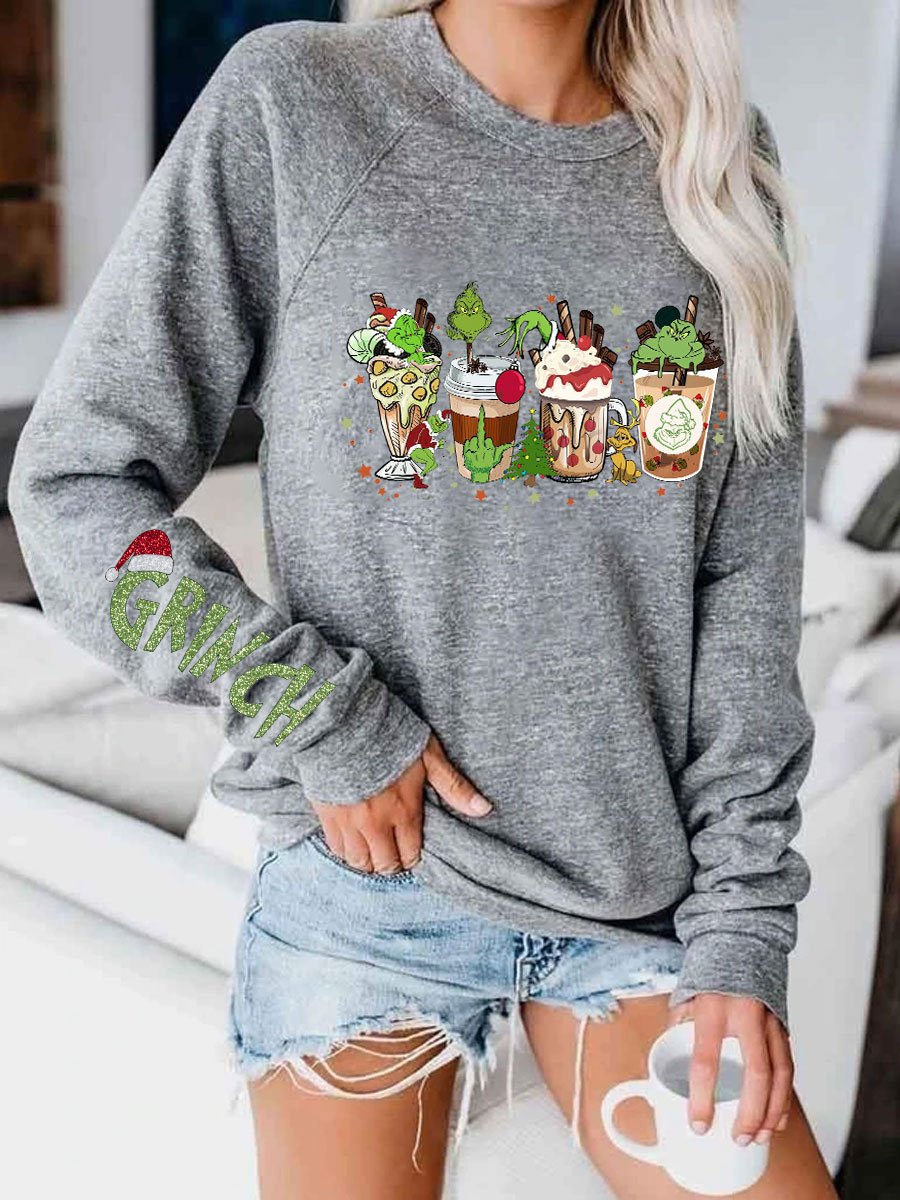 Women's Grinch Christmas Print Crew Neck Casual Sweatshirt