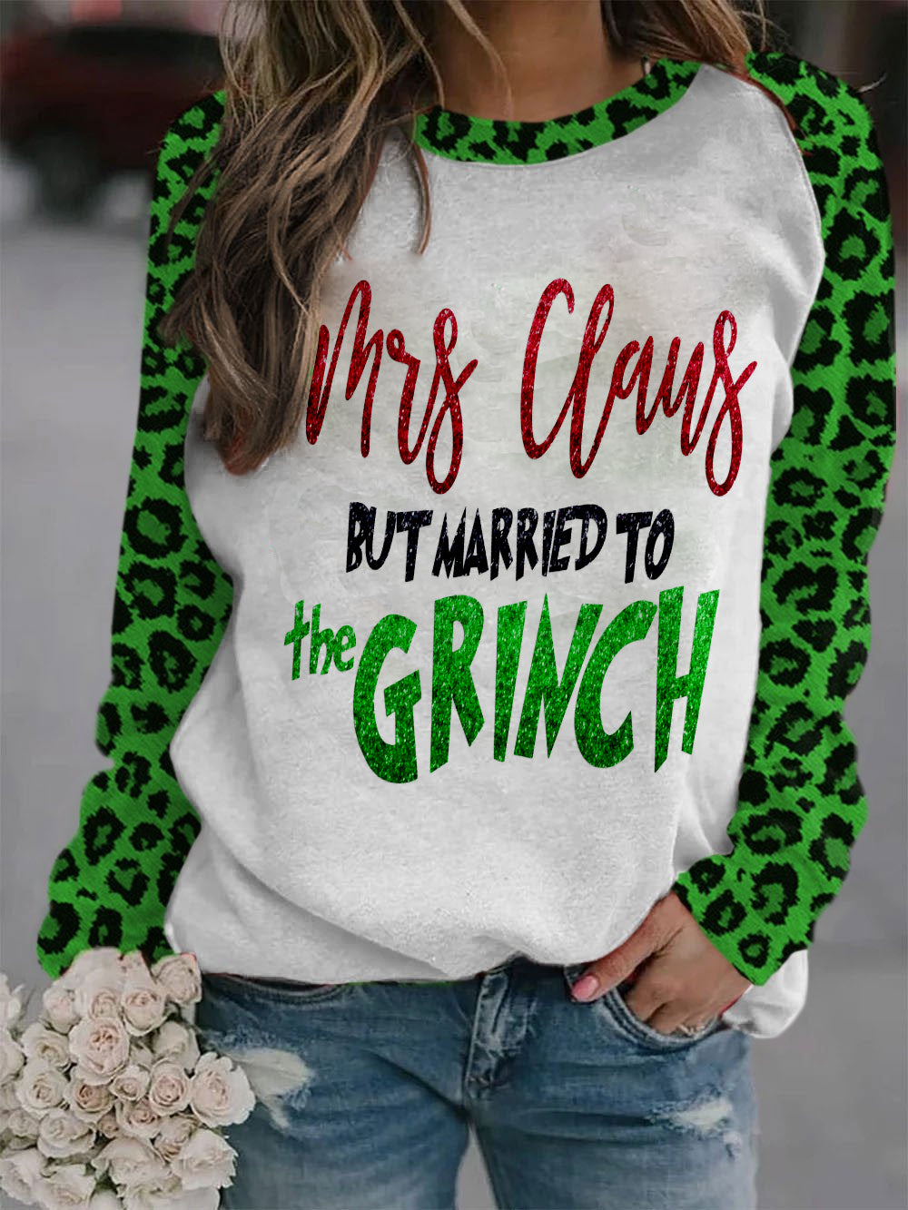 Mrs. Claus But Married To The Grinch Print Sweatshirt