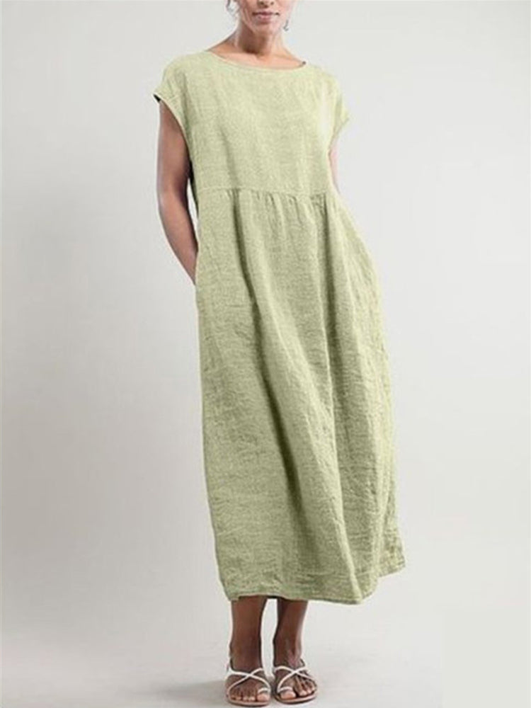 Solid Color Sleeveless Loose Cotton Linen Pocket Dress