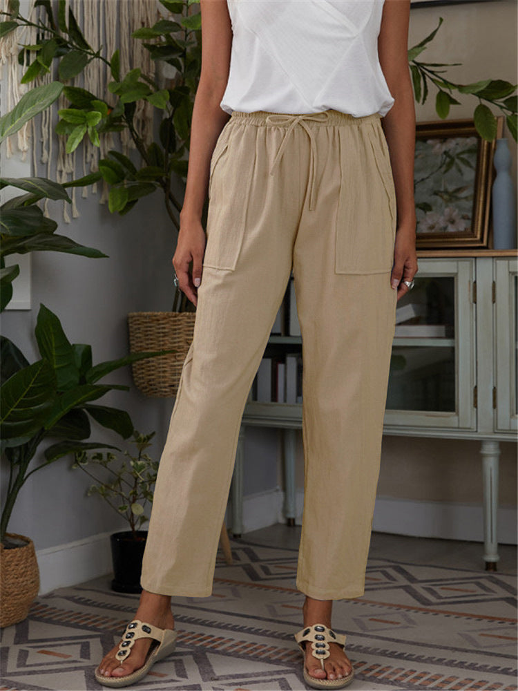 Women's Solid Color Large Pocket Elastic Waist Cotton Linen Loose Ladies Casual Pants