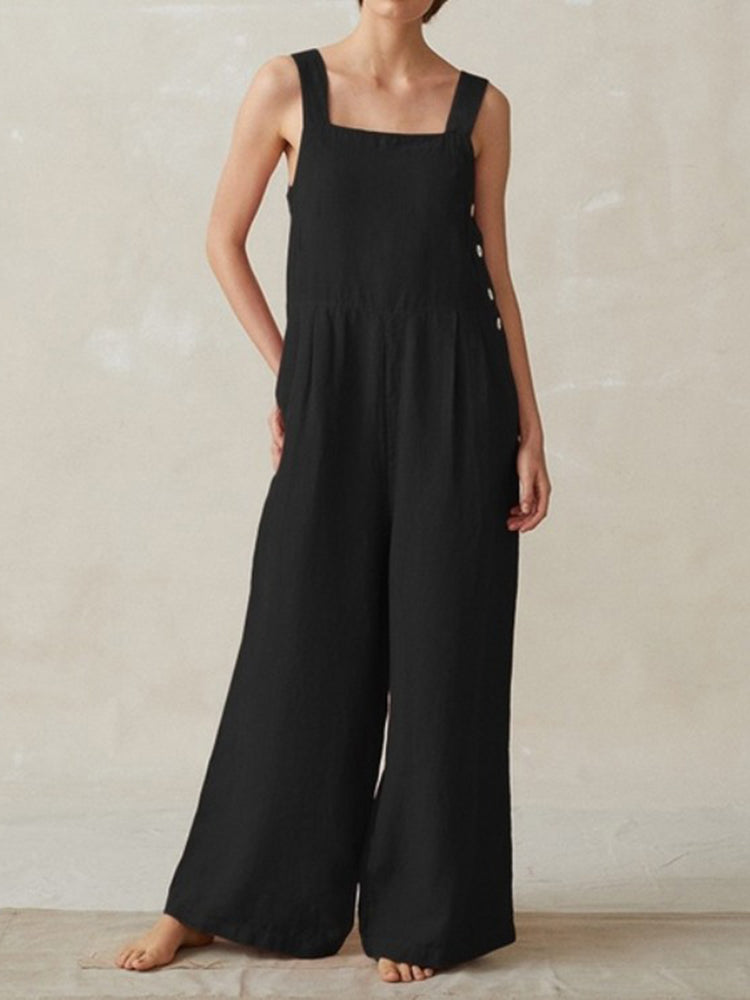 Cotton and Linen Solid Color WideLeg Jumpsuit