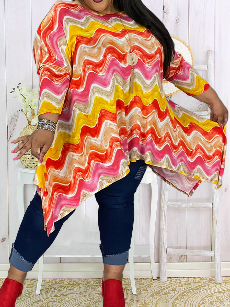 Plus Size Colorful Wave Printed Women Top
