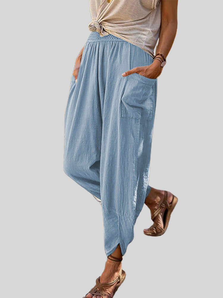 Solid color casual leggings loose pocket cotton linen pencil pants