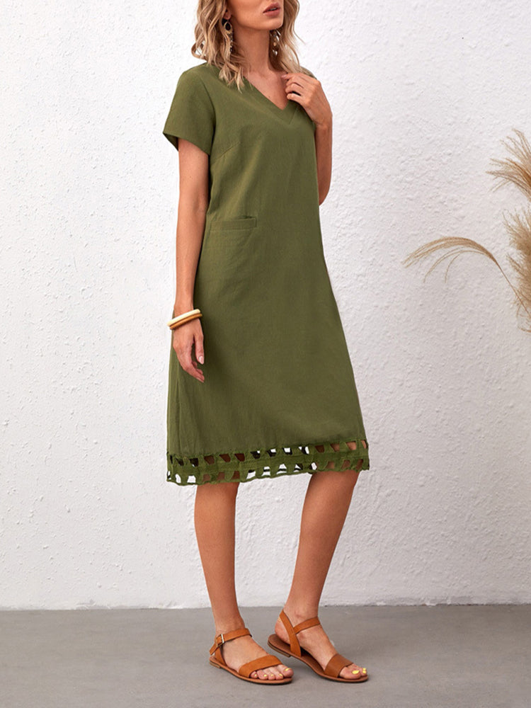 Fashionable all-match V-neck short-sleeved slim solid color cotton and linen dress