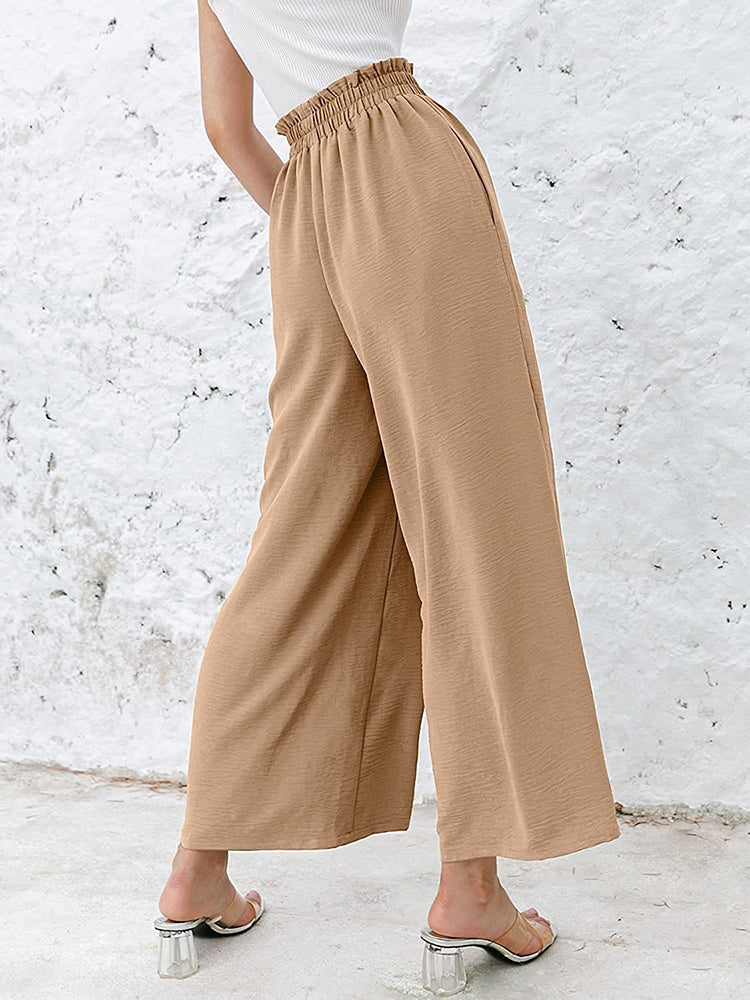 Cotton Linen Women's Solid Color High Waist Casual Wide Leg Pants