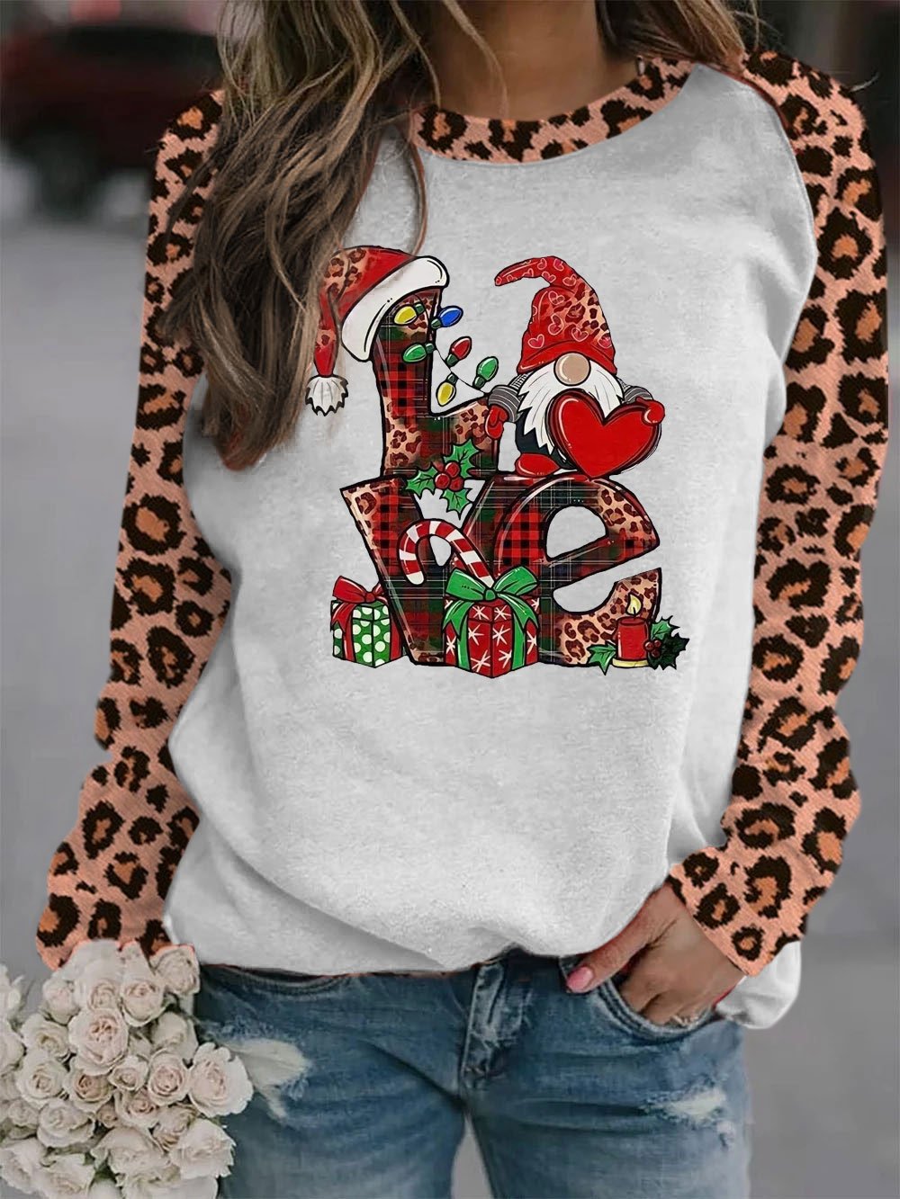 Women's Merry Christmas Love Gnomes Leopard Print Sweatshirt