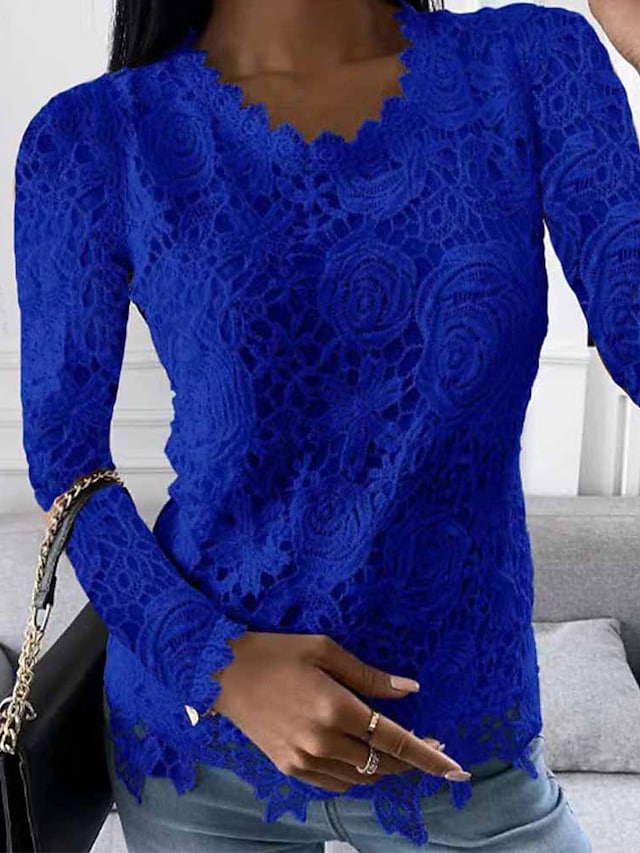 Women's Shirt Floral Daily Weekend Floral  Long Sleeve Lace Round Neck Casual Shirt