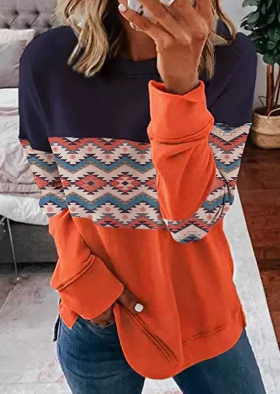 Aztec Geometric Color Block Long Sleeve Pullover Sweatshirt
