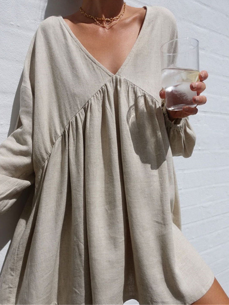V-neck cotton and linen long-sleeved dress