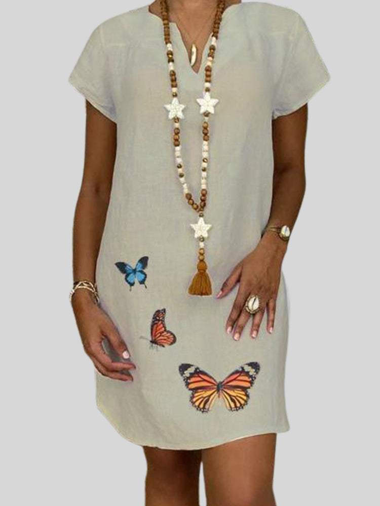 Summer Loose Short Sleeve V-Neck Butterfly Print Dress