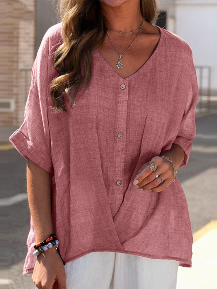 Cotton and Linen V-Neck Loose Shirt