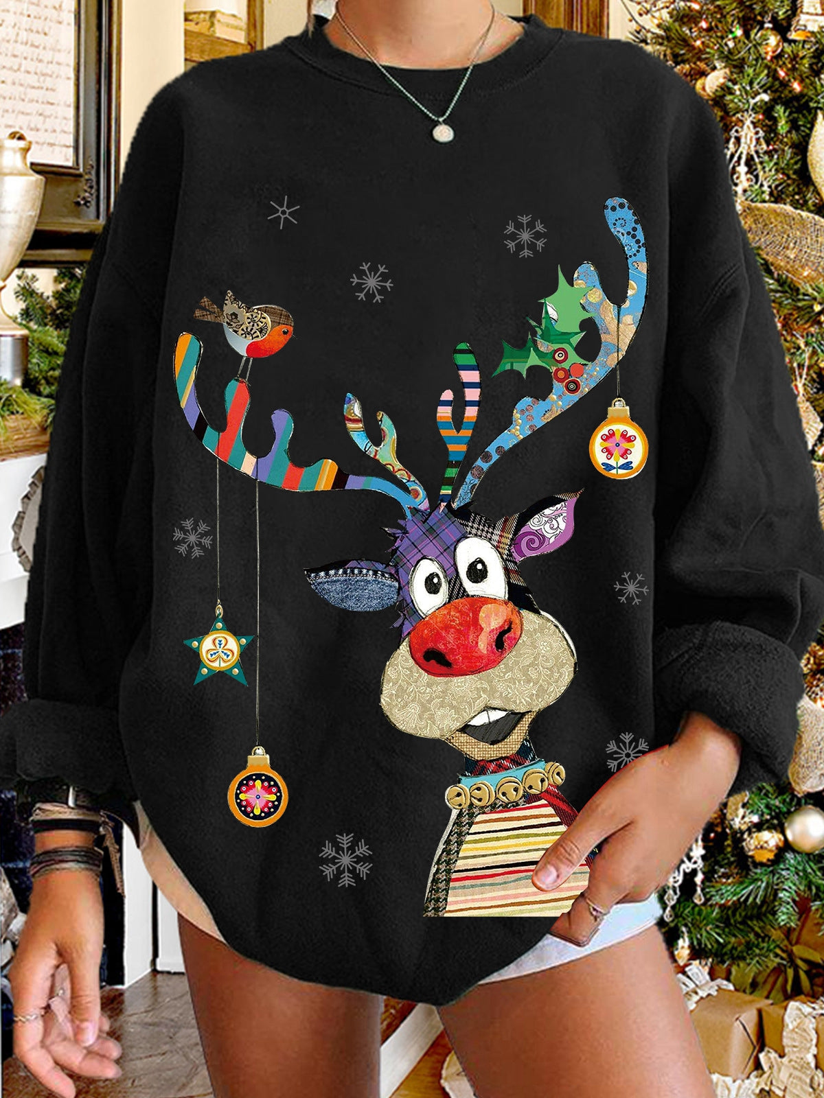 Women Funny Christmas Elk Crew Neck Casual Sweatshirts