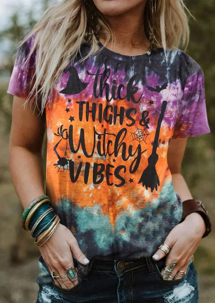 Halloween Thick Thighs & Witch Vibes Tie Dye T-Shirt