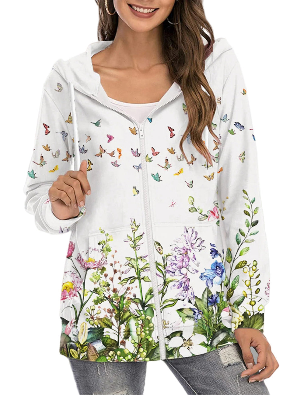 Women's White Floral Butterfly Graphic Prints Daily  Long Sleeve Zip Hoodie
