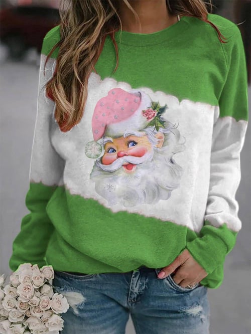 Colorblock Santa Long Sleeve Print Sweatshirt