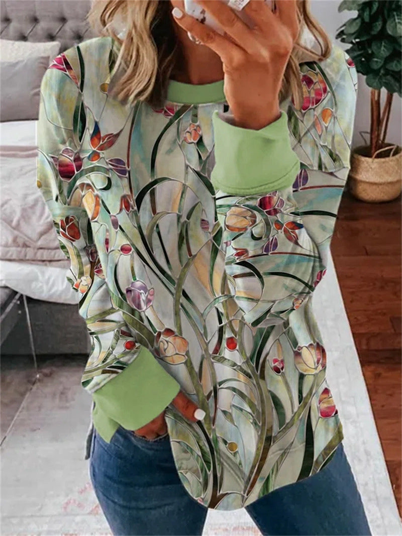 Women's   Floral Print Long Sleeve  Pullover Sweatshirt