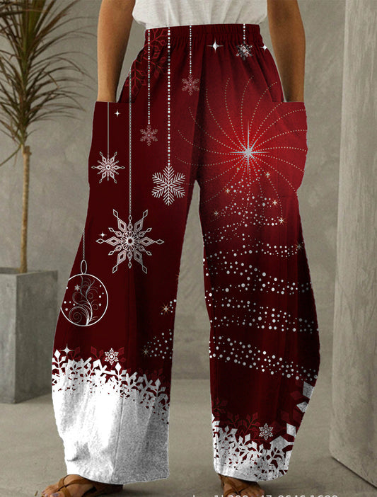 Christmas Red Snowflake Print Casual Pants