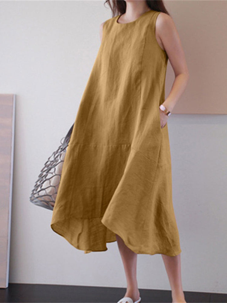 Summer round neck long skirt solid color cotton and linen dress