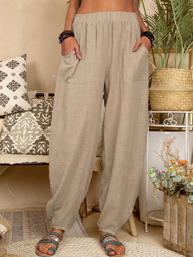 Solid color loose cotton linen casual pants home harem trousers