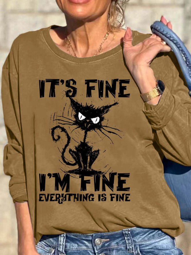 Women Black Cat I’m Fine Loose Text Letters Crew Neck Sweatshirts