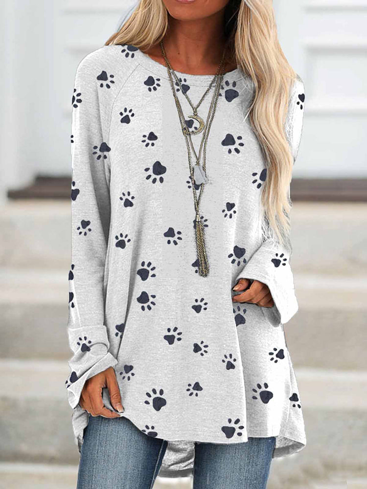 Crew Neck Cat Paw Printed Long Sleeve Loose Tops