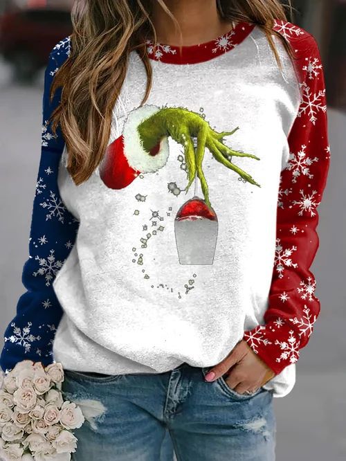 Women's Grinch Christmas Print Crew Neck Casual Sweatshirt