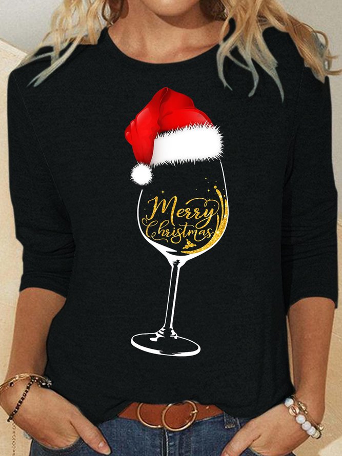 Womens Christmas Wine Christmas Wine Glass Merry Christmas Letters Tops