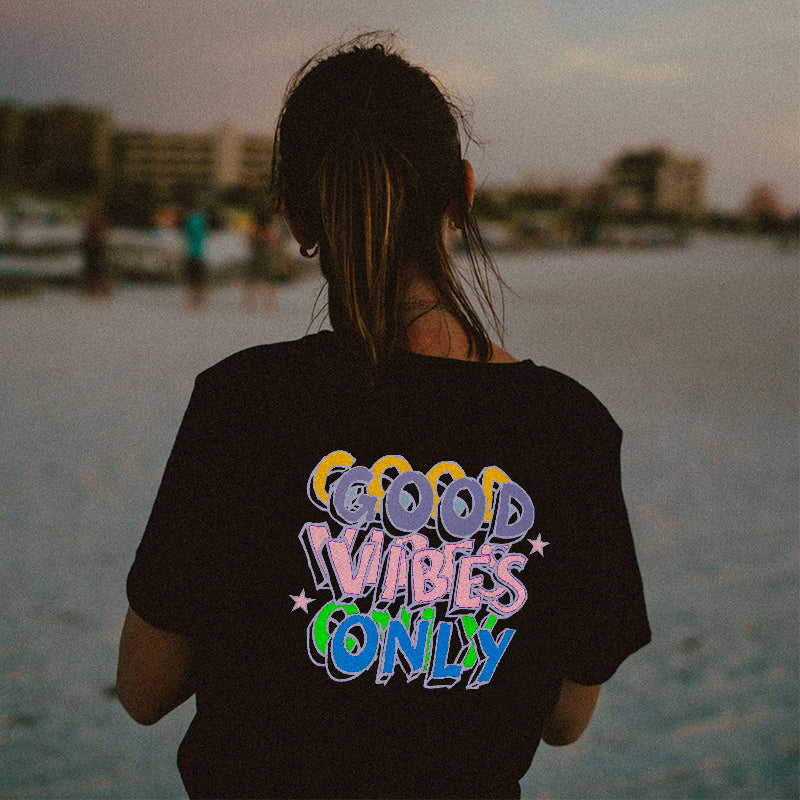 Good Vibes Only Printed Funny Letter T-shirt - Saskull
