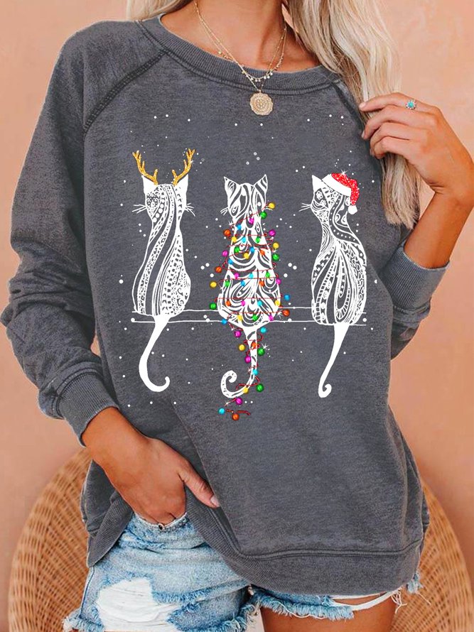 Womens Cat reindeer santa Christmas Casual Sweatshirts