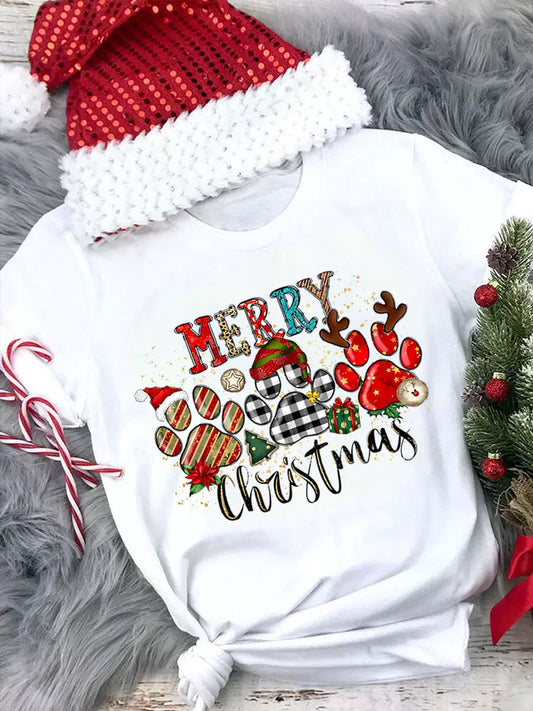 Merry Christmas Paws Crew-Neck Holiday T-Shirt