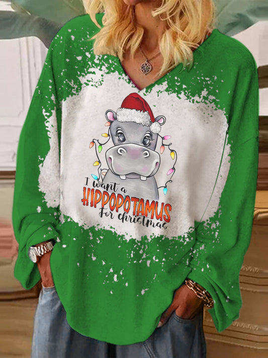 I Want A Hippopotamus For Christmas Bleaching V-neck Shirt