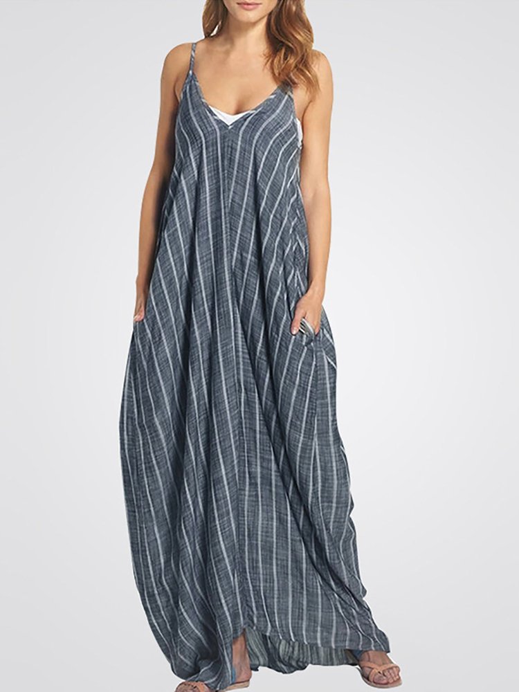 Women's Cotton and Linen Striped Sling V-neck Sleeveless Pocket Dress