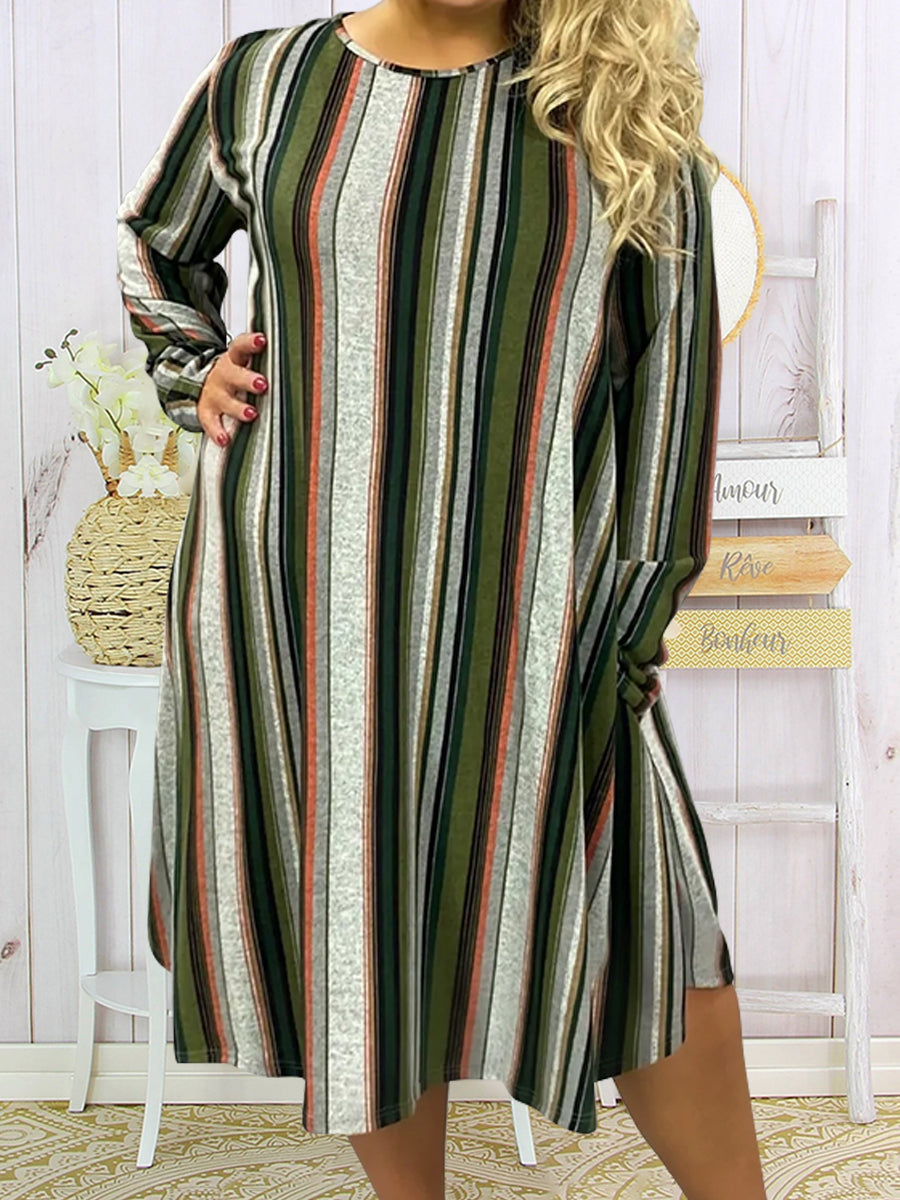 Plus Size Colorblock Stripe Long Sleeve Dress