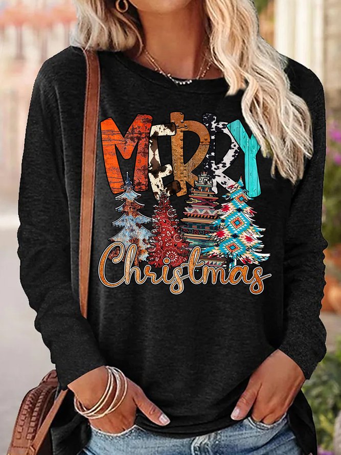 Womens Christmas Vintage Print Letters Tops