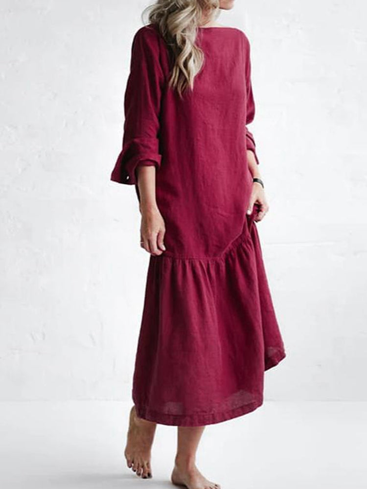 Casual Round Neck Long Sleeve Solid Color Cotton And Linen Dress