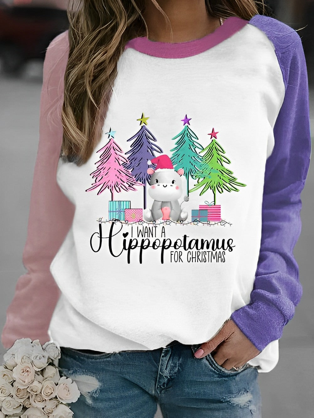 I Want A Hippopotamus For Christma Print Pullover