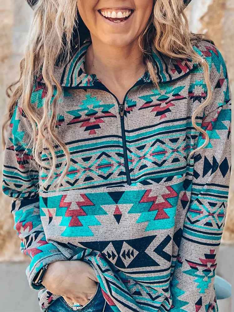 Zip Collar Aztec Pattern Sweatshirt