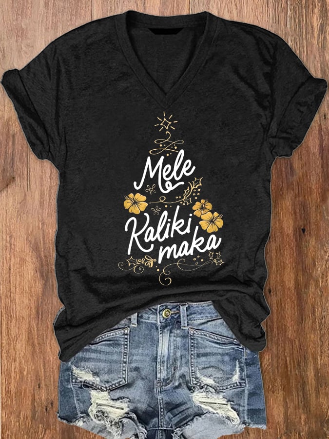 Women's Mele Kalikimaka Print V-Neck Short Sleeve T-Shirt