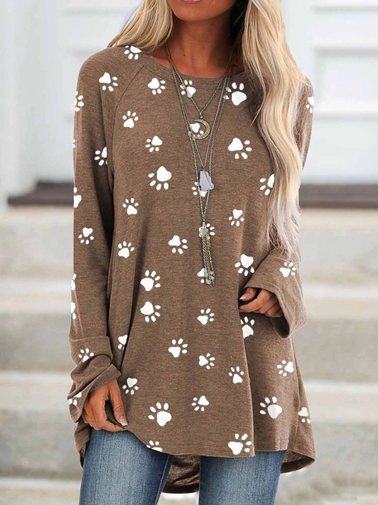 Crew Neck Cat Paw Printed Long Sleeve Loose Tops