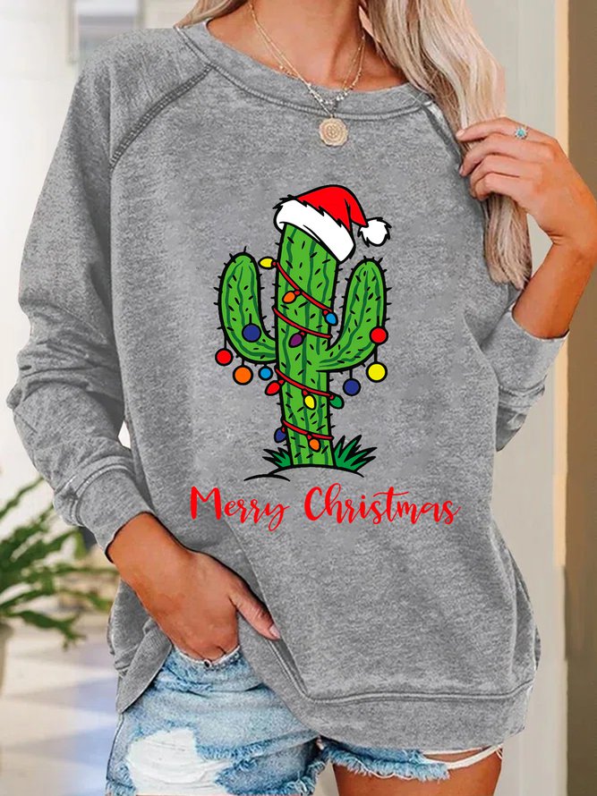 Women Funny Merry Christmas Cactus Simple Crew Neck Sweatshirts
