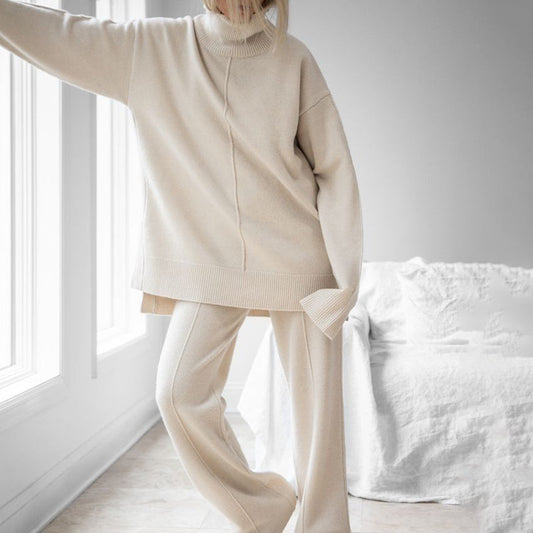 Simple Solid Color Turtleneck Sweater Two Piece Set