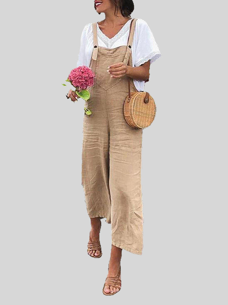 Solid Color Cotton Linen Loose Straight Casual Bib Pants