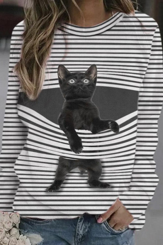 Stripe Cat Print Round Neck Long Sleeves Sweatshirt