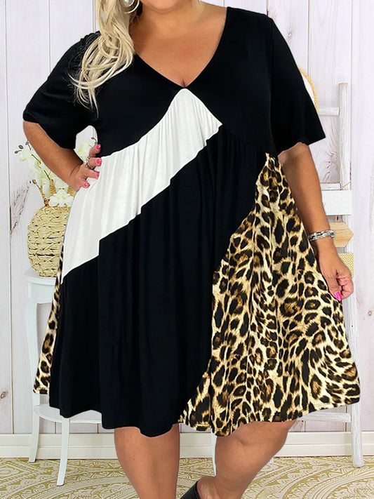 Plus Size Colorblock Leopard Short Sleeve V Neck Dress