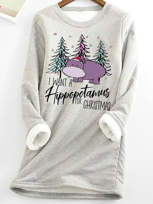 I Want A Hippopotamus For Christma Printed Fleece Long Sleeve Top
