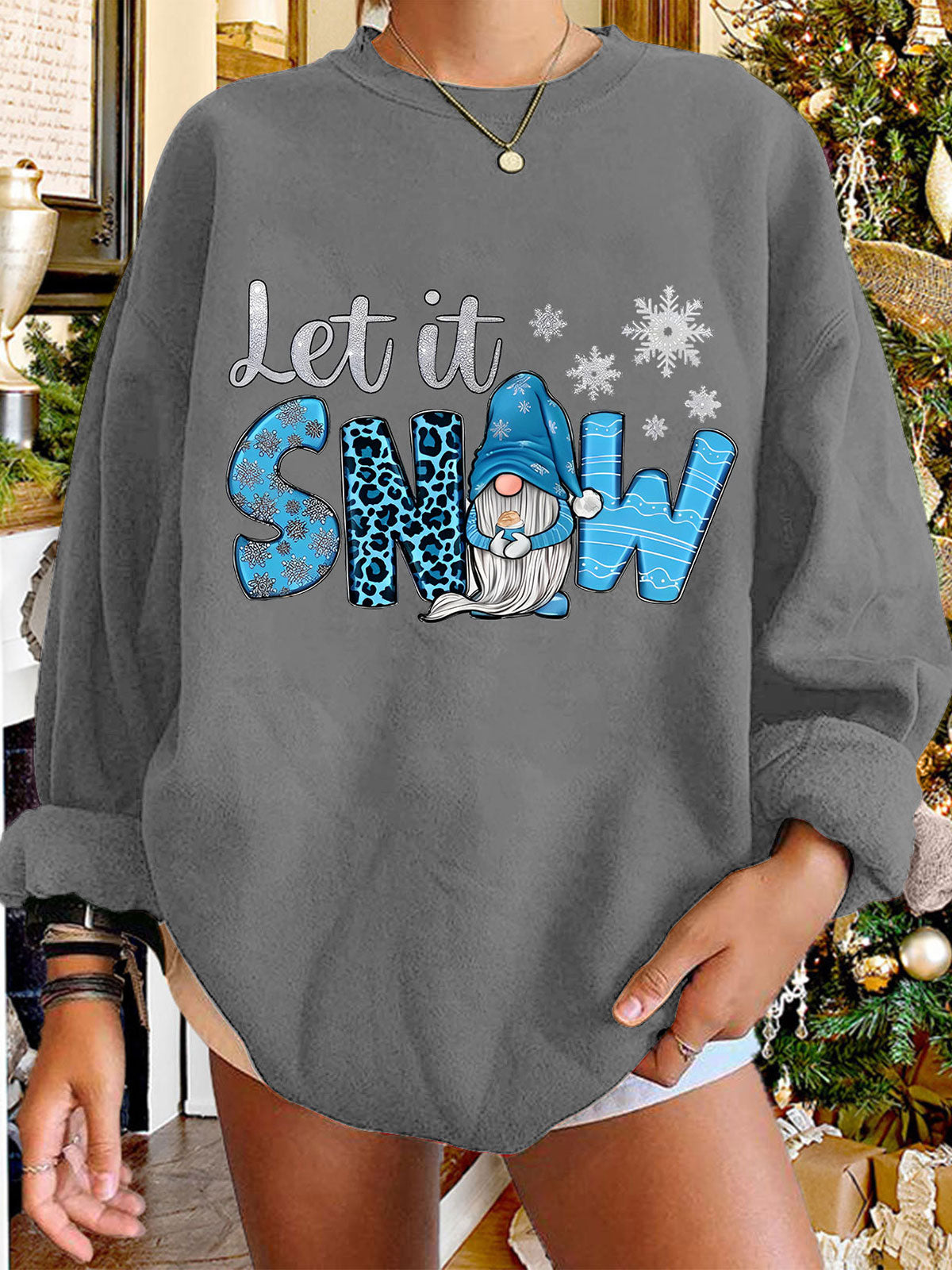 Let It Snow Gnomies Print Crew Neck Sweatshirt
